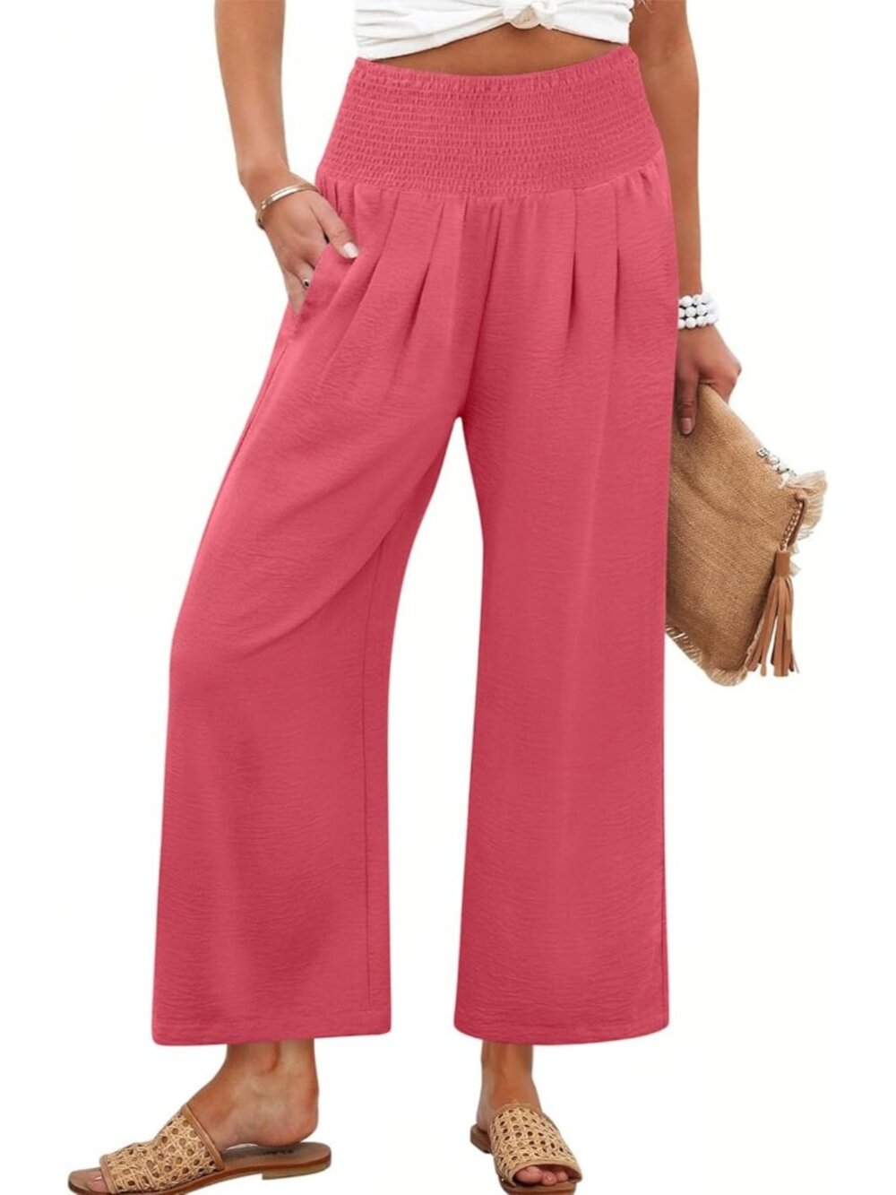 Women's Coral Wide Leg High Waisted Elastic Casual Flowy Palazzo Pants